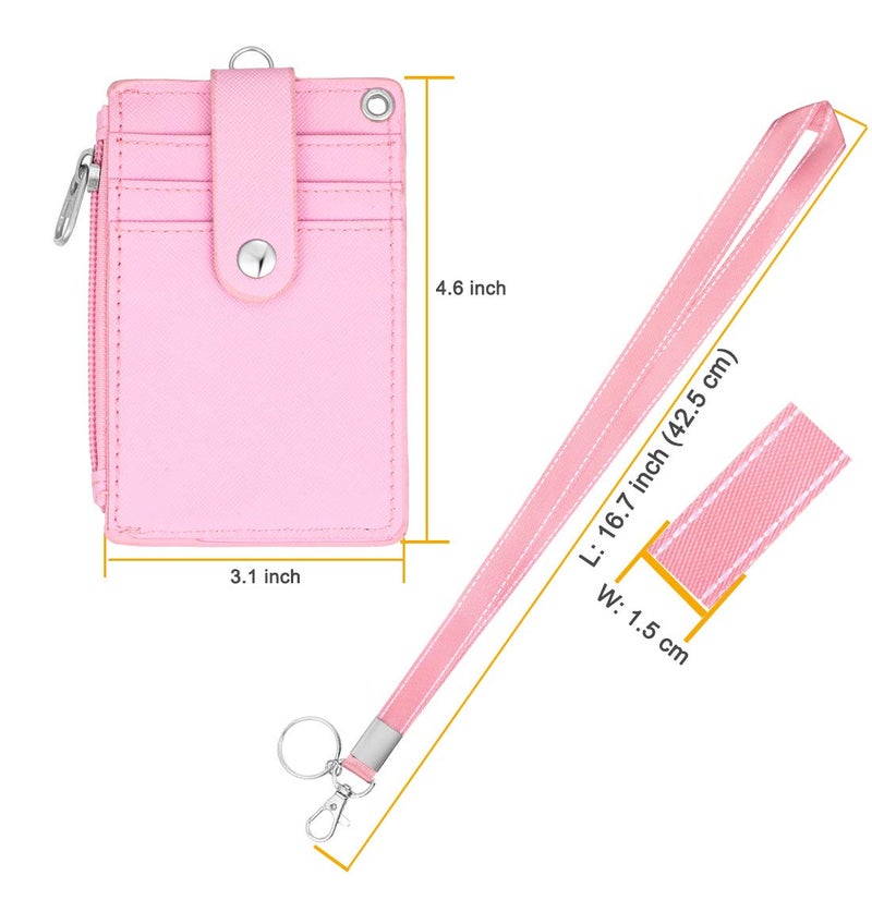 HASFINE ID Badge Holder with Lanyard,2 Sided 5 Card Slots ID Card Holder Wallet with PU Leather Zipper Pocket and Detachable Keychain Lanyard for Teens Women(Pink) - Image 2